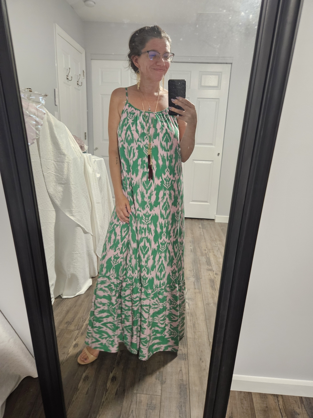 Green and Cream Ikat Print Maxi Dress with Spaghetti Straps